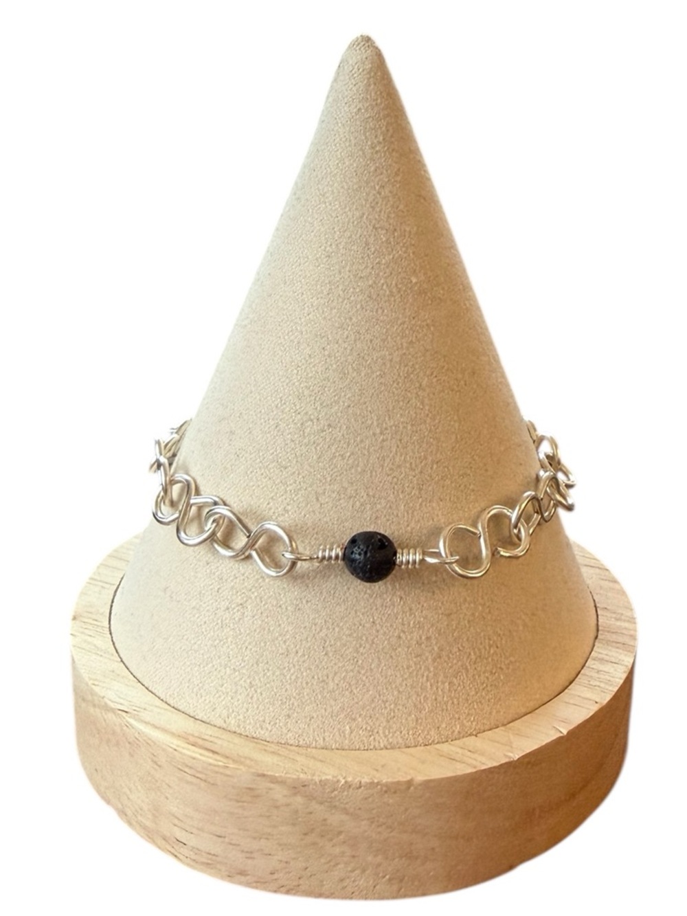 Hand Crafted Silver Plated Copper Wire Link Bracelet With Black Lava Stone Bead